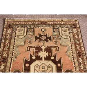 Turkish Vintage <b>Runner</b> Rug 3.4x9.5 ft, Brown <b>Green</b> Abstract Wool Rug - Product Image 5