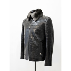 Chaqueta de cuero genuino para hombre, diseño de cocodrilo, con cuello de piel, cierre de cremallera, ropa de abrigo para invierno, servicio OEM personalizado. - Product Image 2