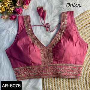 Indian Ethnic Wear Heavy Pure Roman <b>Silk</b> Ready Made Blouse with Embroidery Work <b>Sleeveless</b> Pattern Blouse with Attached Sleeve - Product Image 1