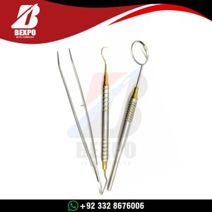 Kit d'examen dentaire de base 3 pièces doré : Miroir, Pince à épiler et Porte-coton - Product Image 3