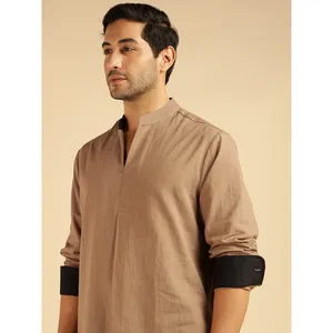 Amanush <b>Men's</b> Beige Solid Cotton Co-Ord Set Full Sleeves Mandrin Collar Kurta With Ankle Length Pant Casual Wear 2 Piece Outfit - Product Image 2