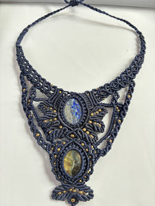 Nuevo collar de macramé de bloqueo, gemas de amatista labradorita, 25X30mm, forma redonda aproximada, ajuste de bisel de hilo de Color negro y joyería - Product Image 5