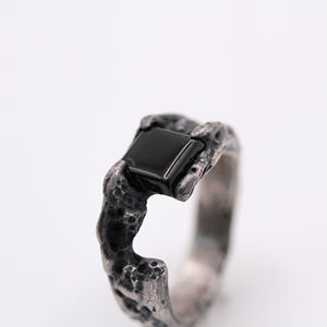 Vintage Handmade 925 Sterling <b>Silver</b> Unisex <b>Wedding</b> <b>Band</b> Rhodium Plated Wax Carved Onyx Ring Organic Texture Made in Turkey - Product Image 3