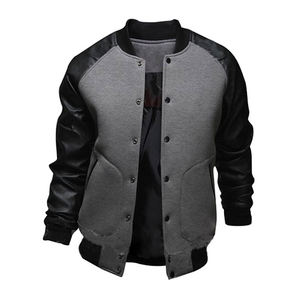 SAMAVIA PU Leather Sleeve Baseball Varsity Jacket Custom College Stand Collar High Street Bomber <b>Coat</b> Unisex OEM Jacket - Product Image 4