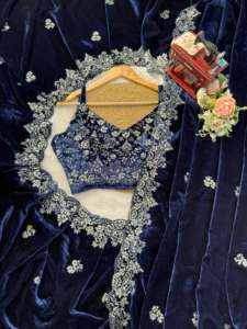 ชุดส่าหรีผ้ากำมะหยี่ดีไซน์พิเศษ พร้อมเสื้อคลุมหรูหรา ทันสมัย โดดเด่น สไตล์อินเดีย สำหรับงานปาร์ตี้  สำหรับผู้หญิง - Product Image 2