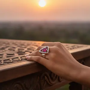 925 Silver Vintage <b>Statement</b> <b>Ring</b> for Women Fashionable Triangle Gemstone Inlay Trendy Vintage Style Free Size Jewelry - Product Image 1