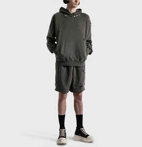 Usine Boxy Fit Vintage Hoodie Unisexe Avec Poches Latérales Cachées En Gros Recadrée Pierre Lavage À L'acide Surdimensionné Déchiré À Capuche Hommes - Product Image 4