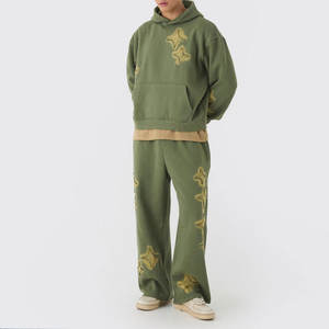 Front And Back Embroidery <b>Sleeve</b> Printed Distressed Tracksuit Fleece Inner Lining Hood Attachable Men Sweat Suit - Product Image 1