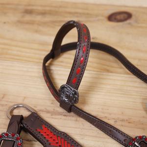 Custom Western Leather Horse Tack Set with Colorful Red Color Fringes and Hand <b>Tooled</b> Horse Headstall Breastplate - Product Image 3