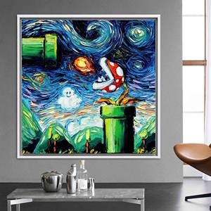 Mario World Starry Night Canvas Art: Van Gogh Style Wall Print,WHITE <b>FRAMED</b> CANVAS - Product Image 1