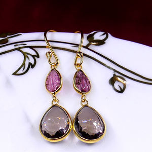 ต่างหูพลอยโทแพซสีชมพูทัวร์มาลีนชุบทอง925เงินสเตอร์ลิงแวววาว - Product Image 4