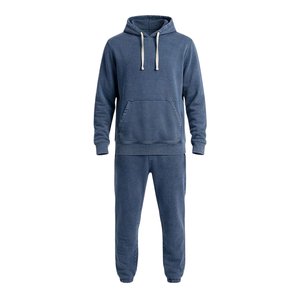Conjunto Deportivo Informal de Invierno para Hombre, Sudadera con Capucha y Pantalones Jogger de Felpa Suave, Estilo Lavado Ácido Azul - Product Image 1