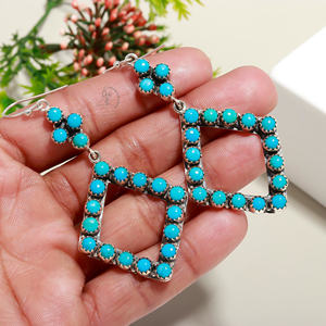 Nuevo estilo occidental Simple 925 plata esterlina corte redondo bisel ajuste turquesa piedra preciosa gota pendiente para mujer joyería al por mayor - Product Image 2