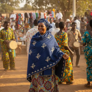 Châle long et large pour femme en voile de coton bleu avec broderie florale en strass dorés, doux, léger et respirant, toutes saisons - Product Image 1