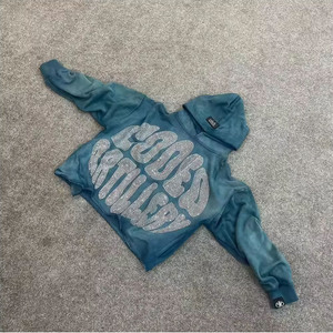 Sweat à capuche en coton mélangé avec strass délavé à l'acide à prix d'usine pull à capuche décontracté à ourlet brut - Product Image 3