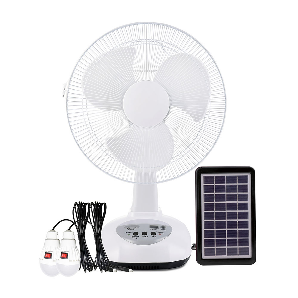 Classical 12inch Solar Rechargeable Table Fan with Solar Panel, Bulbs, LED Light