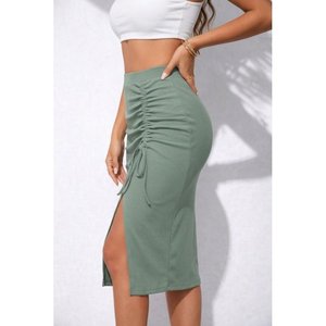 Jane's Women's <b>Elastic</b> Waist Side Ruched Lace-Up Detail Ribbed Knit Midi <b>Skirt</b> - Comfortable & Stylish Everyday Wear - Product Image 2