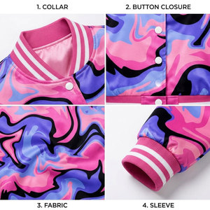 Pink <b>Purple</b> Flame Print <b>Varsity</b> <b>Jacket</b> Full Sleeve Turn-down Collar Button Closure Women's Spring Wear - Product Image 6