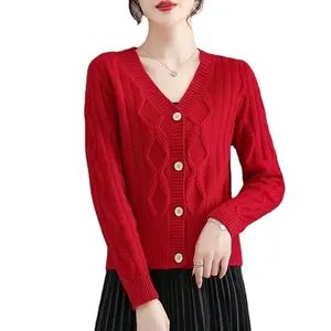 कपड़े की पोशाक डिजाइन महिलाओं की वी-गर्दन पैचवर्क बटन पेंच धागा ठोस रंग फैशन आरामदायक सांस लेने योग्य लंबी आस्तीन स्वेटर