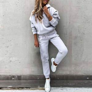 Stylish <b>Women's</b> <b>Velvet</b> Hooded 2-Piece Sweatsuit Above Knee <b>Joggers</b> with Solid Pattern Short Top for Fall & Summer - Product Image 2