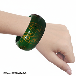 Hand-Painted Green <b>Wooden</b> <b>Bangle</b> Traditional Paisley Design, Bohemian Chunky Wood Bracelet - Product Image 3
