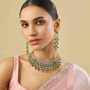 Zircon Short Necklace 182127 Elegant <b>Wedding</b> <b>Accessory</b> with Dazzling Zircon Stones Zinc Alloy Plant Design Green/Mint/Pink - Product Image 1