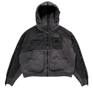 OEM Custom Heave Thick 500 GSM French Terry Mixed Fabric Washed Hip Hop Full Zip up Sweats à capuche à panneaux superposés - Product Image 1