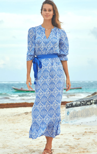 Nouveau femmes imprimé fleuri longue robe 3/4 manches volants chevilles léger tissé tissu naturel taille plage Resort porter - Product Image 2