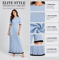 Robe plissée en maille bleu clair pour femme FNJIA, coupe ajustée, manches courtes, longueur maxi, bordure noire, vêtements décontractés, fabrication OEM sur mesure, vente en gros
