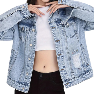 Vente en gros de vestes décontractées en jean pour femmes Vestes en jean surdimensionnées bleues de haute qualité sur mesure - Product Image 1