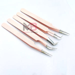 Juego completo de pinzas de extensión de pestañas de acero inoxidable con empuñadura de diamante recubierta de color nude claro al por mayor a granel - Product Image 3