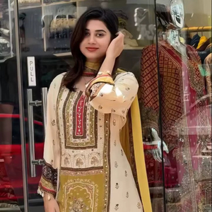 Nuevo diseñador de alta calidad con estampado digital de seda Chinon con espejo y borde de encaje colgante con pantalón de seda de mantequilla y Dupatta - Product Image 1