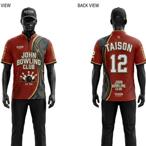 Mens <b>bowling</b> Jersey 185 GSM Moisture Wicking Polyester Red Black Gold Contrast Panels Heat Transfer Custom Team Logo - Product Image 1