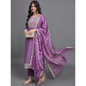 Traje étnico festivo de seda para mujer elegante estilo Bollywood púrpura bordado Kurta Set Dupatta Partywear Salwar Kameez - Product Image 1