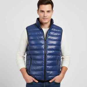 Men's Blue Solid Windproof Quilted Puffer Vest Sleeveless <b>Zip</b>-<b>Up</b> <b>Jacket</b> 100% Polyester Filling Polyester/Nylon Shell Fleece for - Product Image 2