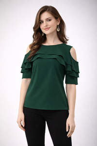 Shoryam Fashion Blusa de Mujer Verde con Cuello Redondo y Manga Media, Hombros Descubiertos con Volantes, Elegante, Estilo Formal Occidental, Sólida, de Crepé de Secado Rápido - Product Image 6