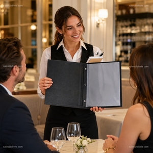 Cubierta de Menú DIVRIS DRL-109 de Cuero PU Negro con Anillas Metálicas para Restaurantes y Hoteles, Color y Tamaño Personalizables, Capacidad para Múltiples Páginas - Product Image 3