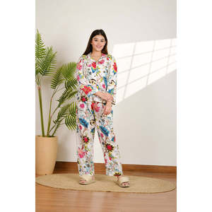 Floral Woven Fabric <b>Pajama</b> Set for Women Customizable Logo Buttoned & Elastic Waist Closure Summer Homewear <b>Suit</b> for Bridesmaids - Product Image 4