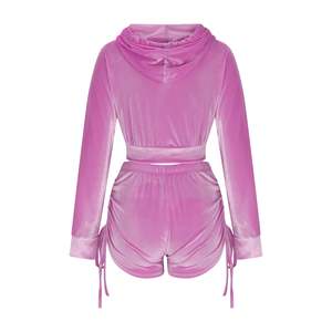 ชุดเสื้อผ้าใส่อยู่บ้านผ้ากำมะหยี่สองชิ้นสำหรับผู้หญิงมีซิปกางเกงขาสั้นแฟชั่นทรงสกินนี่พิมพ์ลายลำลองสำหรับฤดูหนาว - Product Image 6