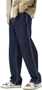 New Hot Sell <b>Men's</b> Slim Fit <b>Jeans</b> Custom Wide Denim Pants Casual Loose Fit Long Trousers OEM Front Logo - Product Image 5