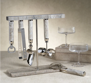 A Stainless Steel Bar <b>Tool</b> Set With Handmade Ornate Handles And <b>Hanger</b> With Stone Base - Product Image 3