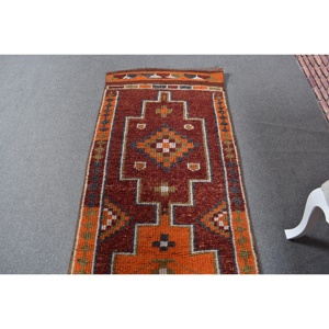 Turkish Vintage Rug, 2.7x11.1 ft Herki Rug, <b>Red</b> Orange Solid <b>Wool</b> Rug - Product Image 4
