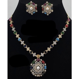 Stylish Glamorous Gold and White Finish Navratana Studded <b>Necklace</b> <b>Set</b> with Earrings AD Stones for Women's <b>Wedding</b> Parties Wear - Product Image 1