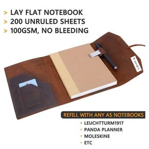 Refillable Leather Journal Writing <b>Notebook</b> - Lay Flat <b>Blank</b> Notepad 100 Sheets, Handmade Leather Bound Diary with Inner Pockets - Product Image 2