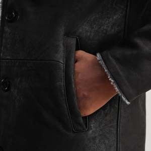 Kolby Distressed Black Leather <b>Shearling</b> <b>Coat</b> with Lapel Collar - Product Image 6