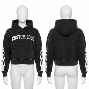 Custom Women's <b>Y2K</b> Cropped Pullover <b>Hoodie</b> Acid Wash Distressed Embroidery Down Shoulder Heavyweight Crop <b>Hoodie</b> Women - Product Image 1