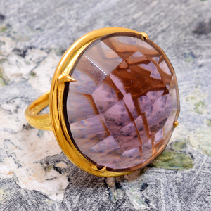 Anillos de diseño único de Plata de Ley 925 sólida con forma redonda facetada de amatista natural, piedras preciosas grandes, anillos clásicos chapados en oro - Product Image 2