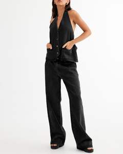 Conjunto de pantalones cortos de mujer, pantalones cortos de mezclilla elásticos sin mangas de verano, traje de mezclilla informal de 2 piezas para mujer a la venta a bajo precio - Product Image 5