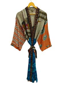 Patchwork Kimono Robe Bikini Cover Up Night Wear Long Robe, hecho a mano indio Vintage reciclado seda Sari Kimono, - Product Image 2