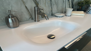 Tocador de baño lacado verde montado en la pared moderno con encimera de Corian, gabinete de baño de diseño hecho en Italia - Product Image 4